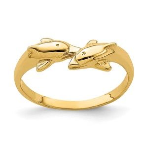 14k Yellow Gold Small Dolphin Kissing Small Dolphin Ring, Size 6